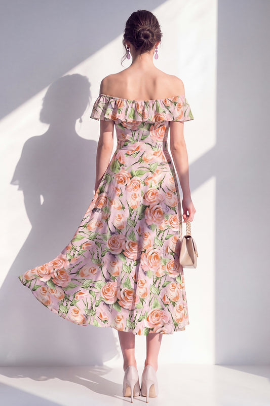 Maxi Pink Flower A Line Beach Wedding Guest Dress with Ruffles