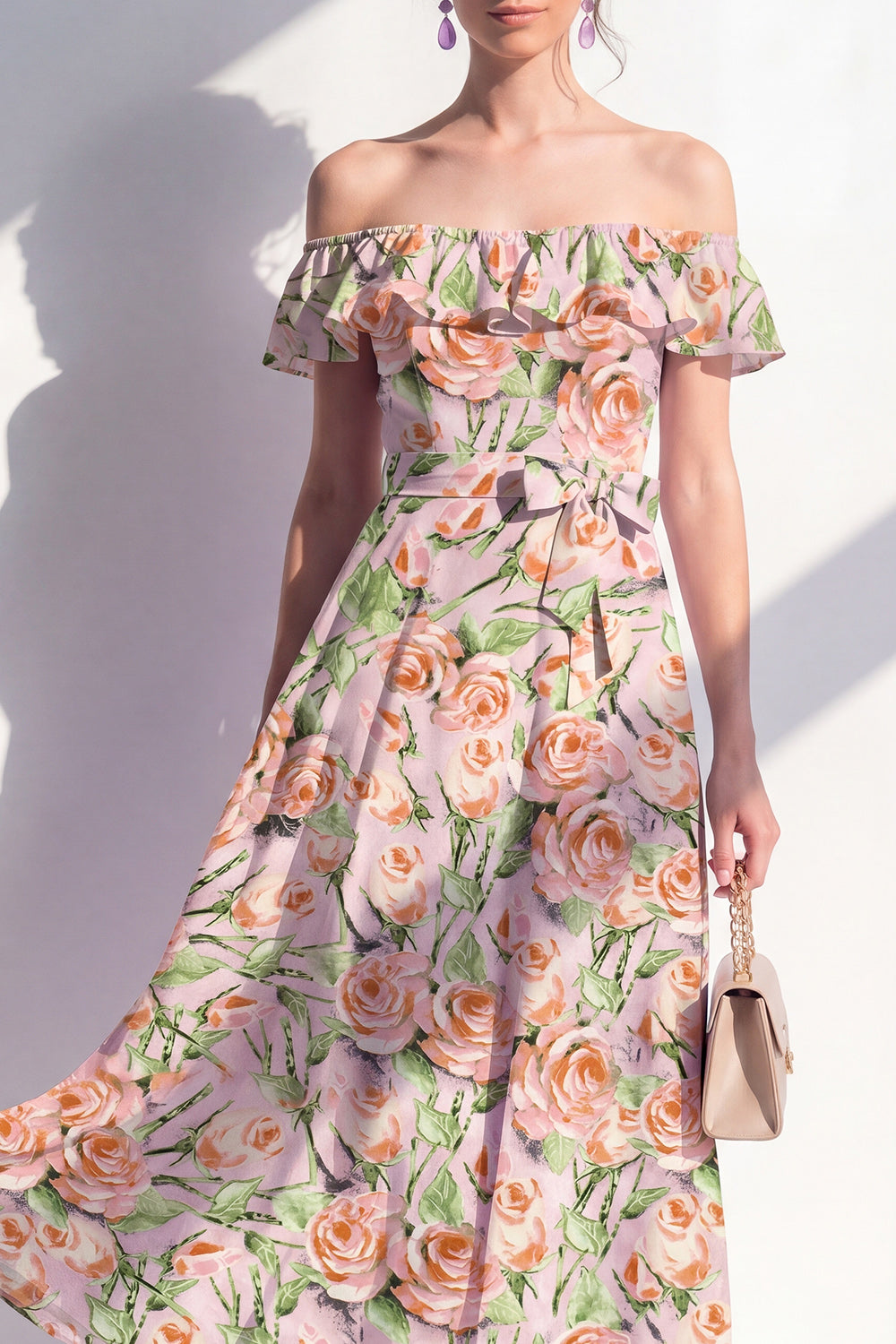 Maxi Pink Flower A Line Beach Wedding Guest Dress with Ruffles