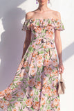 Maxi Pink Flower A Line Beach Wedding Guest Dress with Ruffles
