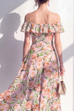 Maxi Pink Flower A Line Beach Wedding Guest Dress with Ruffles