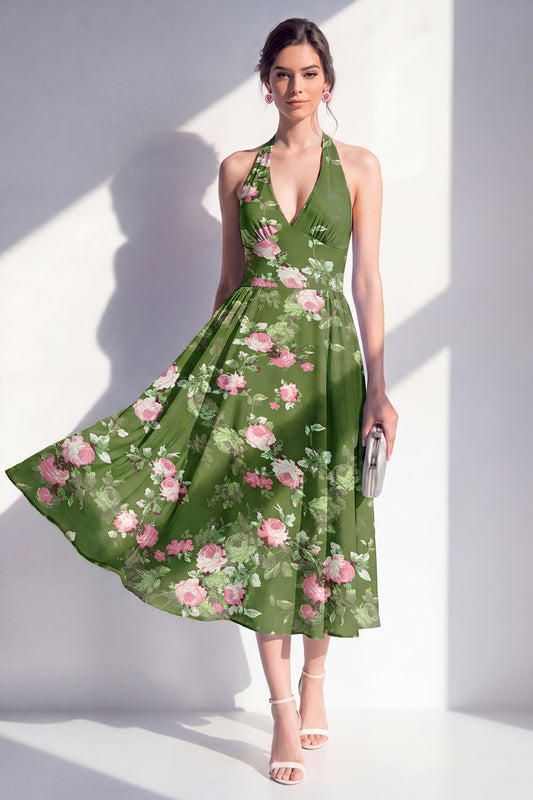 Zapakasa Women Dark Green Floral Maxi Beach Wedding Guest Dress A Line  Halter Open Back Summer Dress