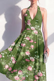 Dark Green Halter Open Back Floral A Line Maxi Beach Wedding Guest Dress