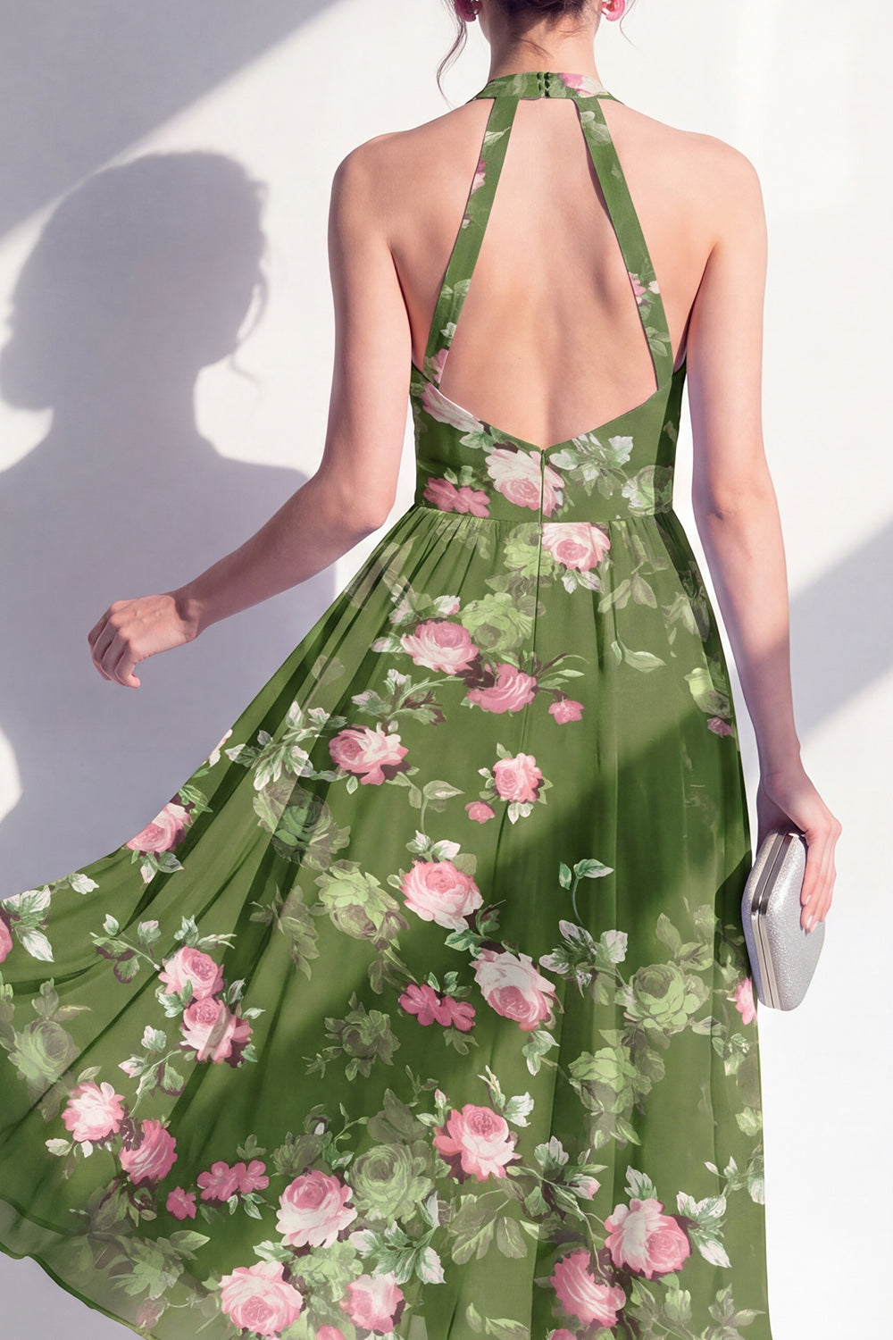 Dark Green Halter Open Back Floral A Line Maxi Beach Wedding Guest Dress