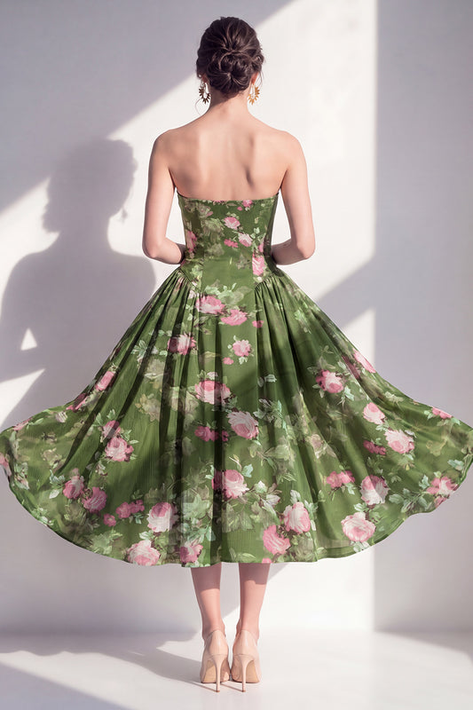 Dark Green Strapless Floral A Line Maxi Beach Wedding Guest Dress