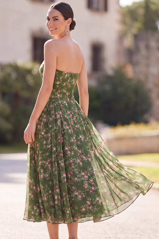 Dark Green Strapless Floral A Line Maxi Beach Wedding Guest Dress