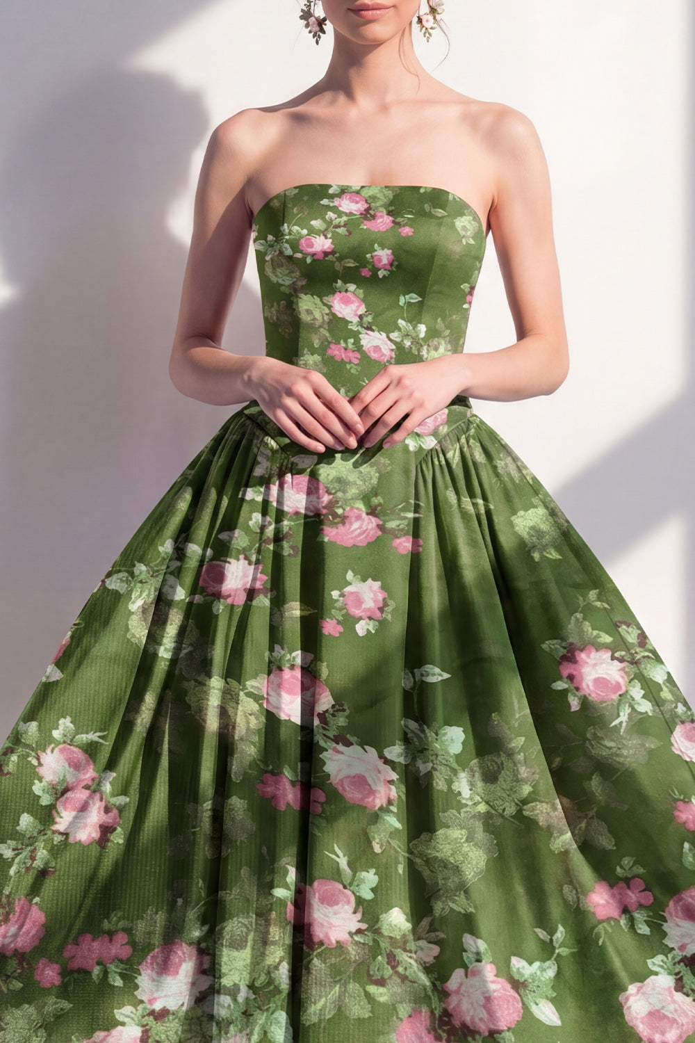 Dark Green Strapless Floral A Line Maxi Beach Wedding Guest Dress