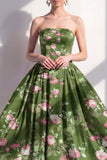 Dark Green Strapless Floral A Line Maxi Beach Wedding Guest Dress
