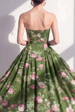 Dark Green Strapless Floral A Line Maxi Beach Wedding Guest Dress