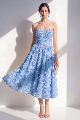 Blue Strapless Floral A Line Maxi Wedding Guest Dress