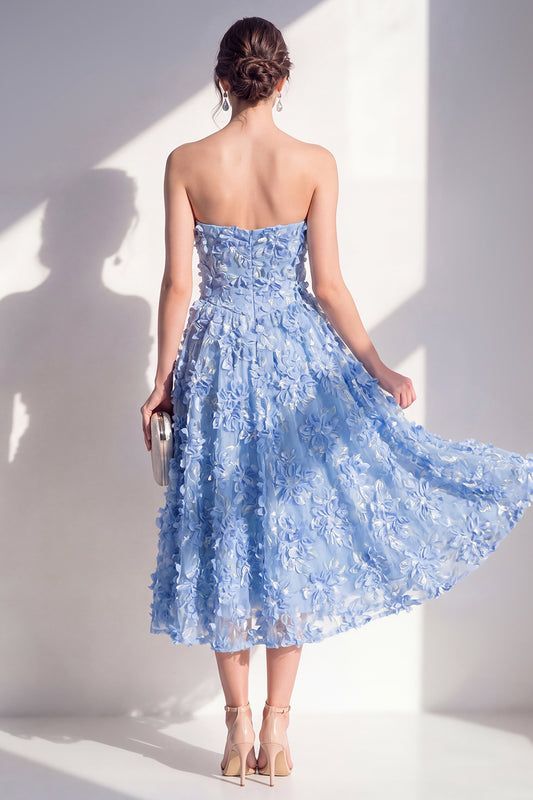 Blue Strapless Floral A Line Maxi Wedding Guest Dress