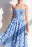 Blue Strapless Floral A Line Maxi Wedding Guest Dress