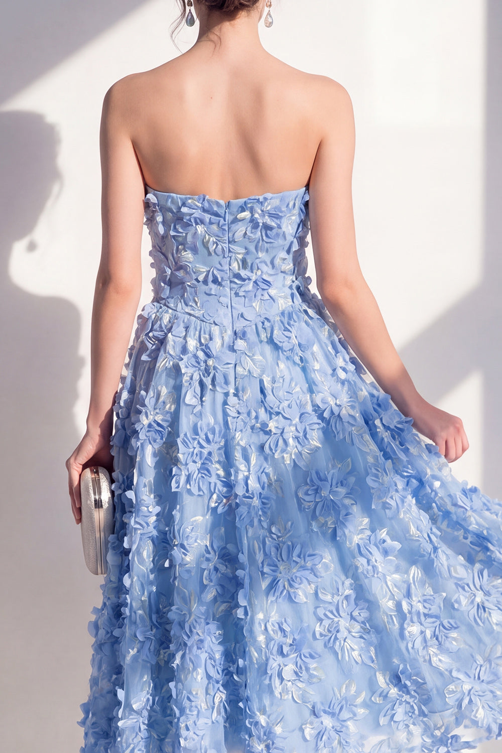 Blue Strapless Floral A Line Maxi Wedding Guest Dress