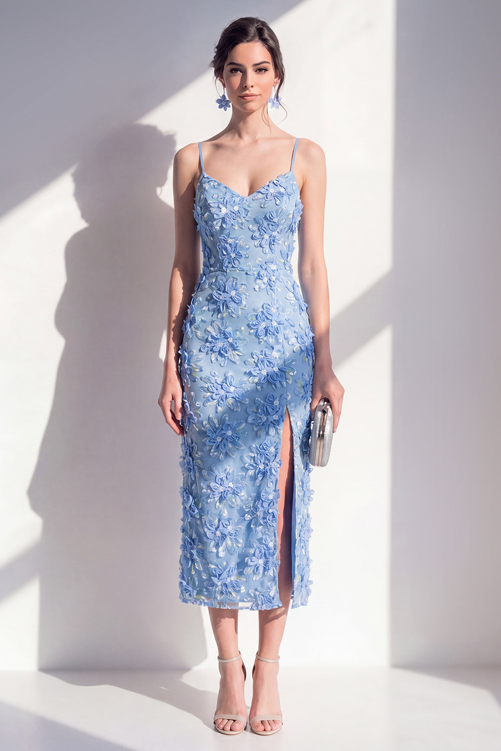 Spaghetti Straps Blue Floral Sheath Maxi Wedding Guest Dress with Slit