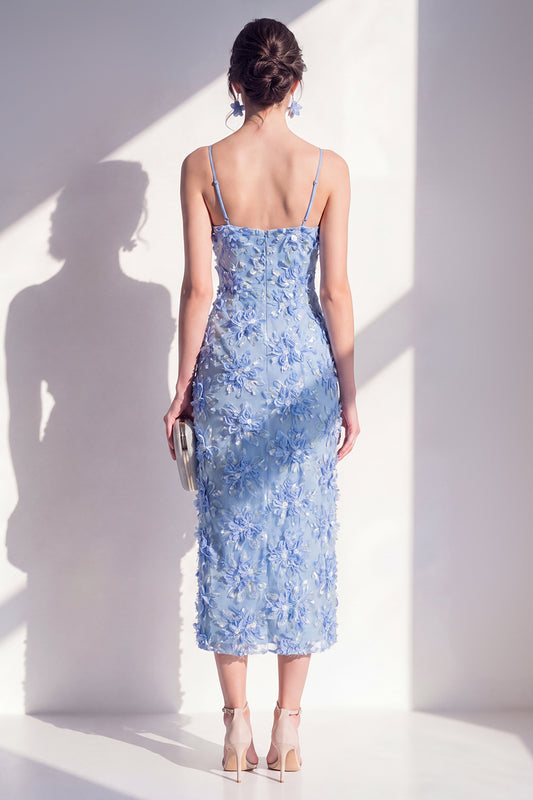 Spaghetti Straps Blue Floral Sheath Maxi Wedding Guest Dress with Slit
