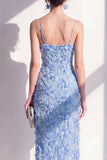 Spaghetti Straps Blue Floral Sheath Maxi Wedding Guest Dress with Slit
