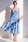 Blue Flower Strapless Ruched A Line Maxi Beach Wedding Guest Dress