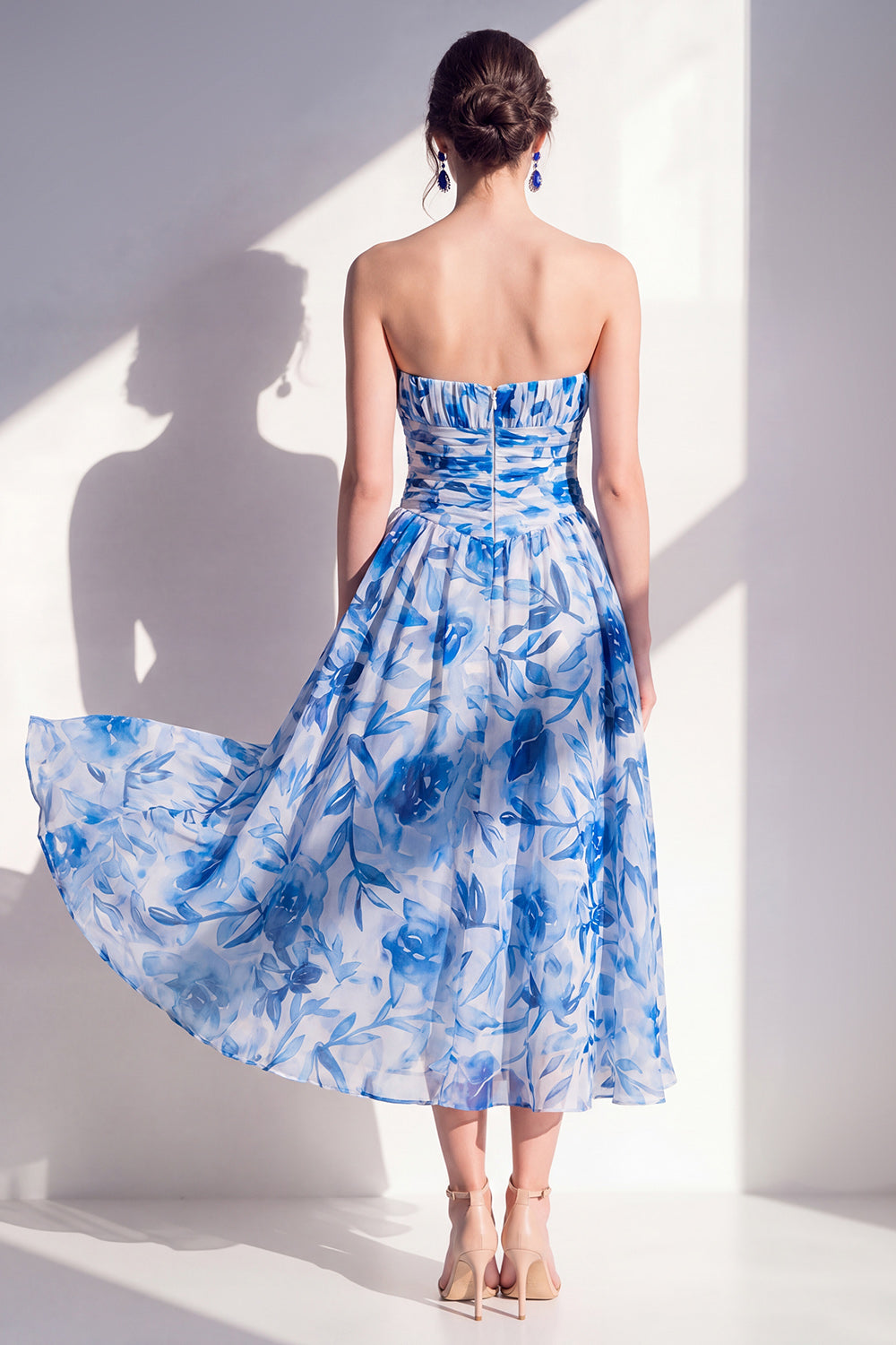 Blue Flower Strapless Ruched A Line Maxi Beach Wedding Guest Dress