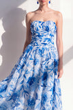 Blue Flower Strapless Ruched A Line Maxi Beach Wedding Guest Dress