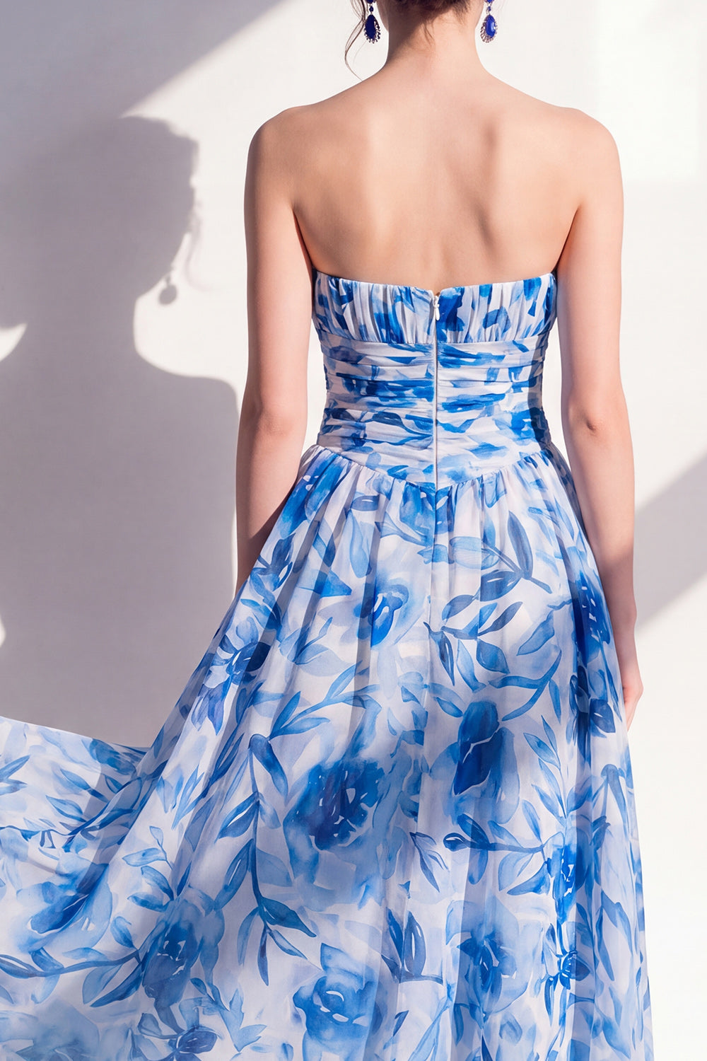 Blue Flower Strapless Ruched A Line Maxi Beach Wedding Guest Dress
