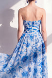 Blue Flower Strapless Ruched A Line Maxi Beach Wedding Guest Dress