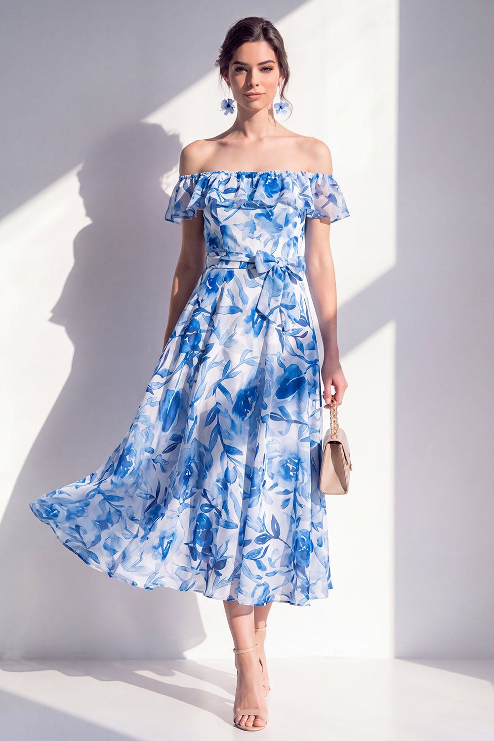 Off the Shoulder Blue Flower A Line Maxi Beach Wedding Guest Dress with Ruffles