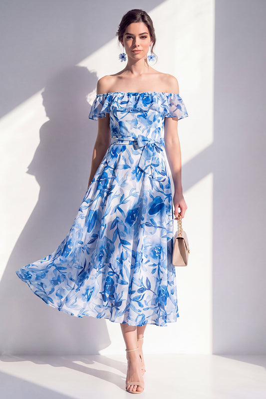 Off the Shoulder Blue Flower A Line Maxi Beach Wedding Guest Dress with Ruffles