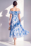 Off the Shoulder Blue Flower A Line Maxi Beach Wedding Guest Dress with Ruffles