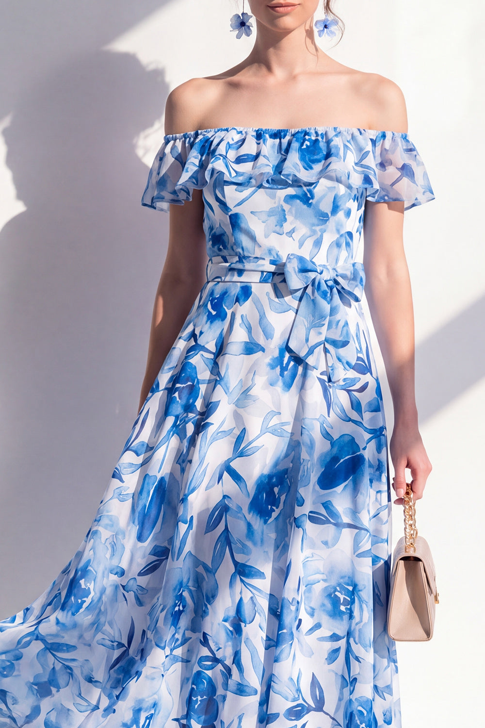 Off the Shoulder Blue Flower A Line Maxi Beach Wedding Guest Dress with Ruffles