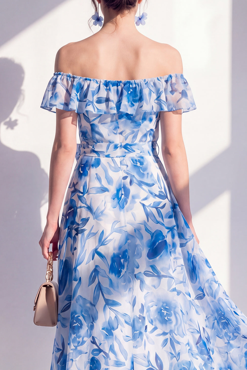 Off the Shoulder Blue Flower A Line Maxi Beach Wedding Guest Dress with Ruffles