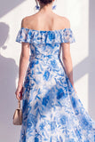 Off the Shoulder Blue Flower A Line Maxi Beach Wedding Guest Dress with Ruffles