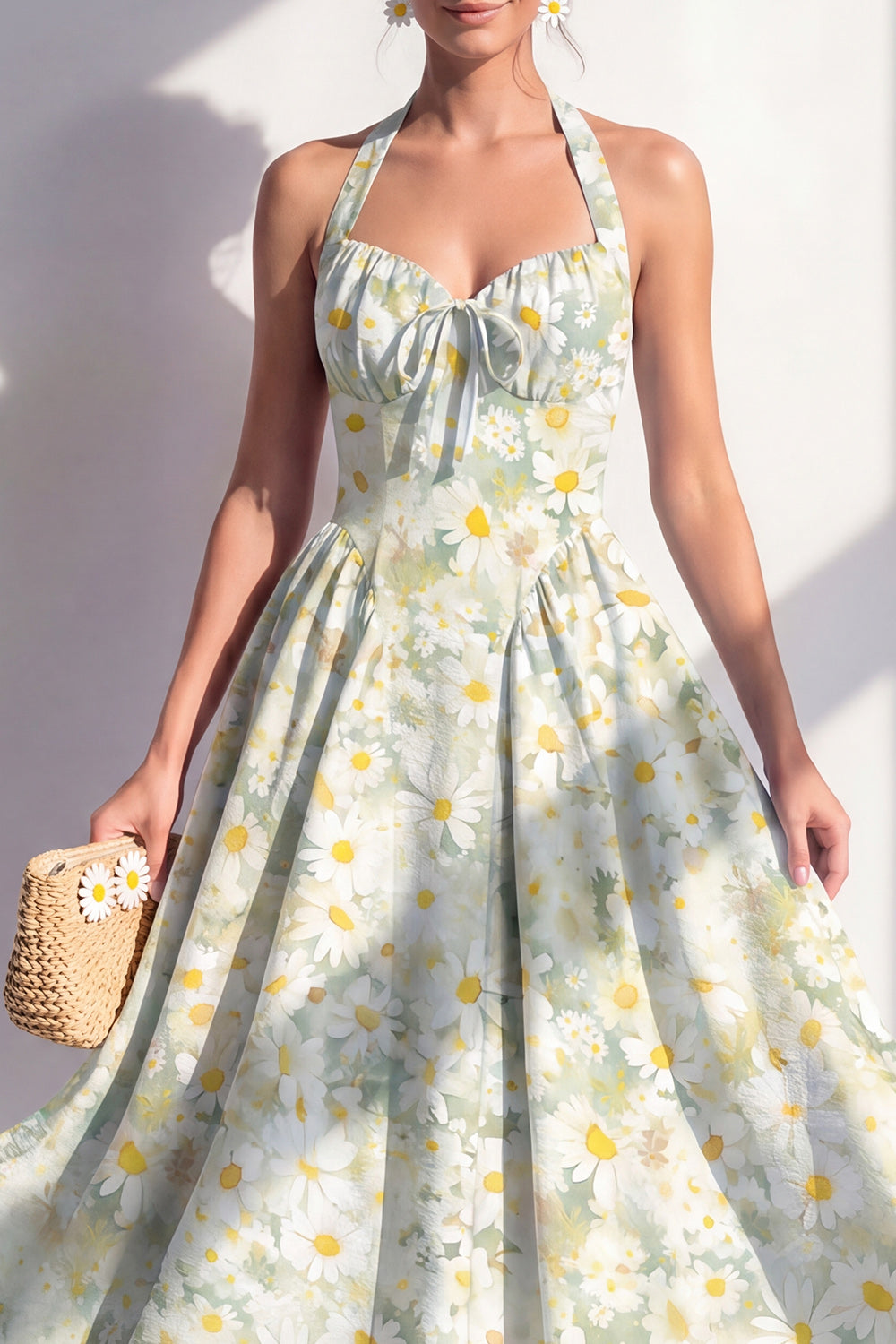 Light Green Halter Floral A Line Maxi Beach Wedding Guest Dress