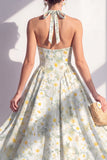 Light Green Halter Floral A Line Maxi Beach Wedding Guest Dress