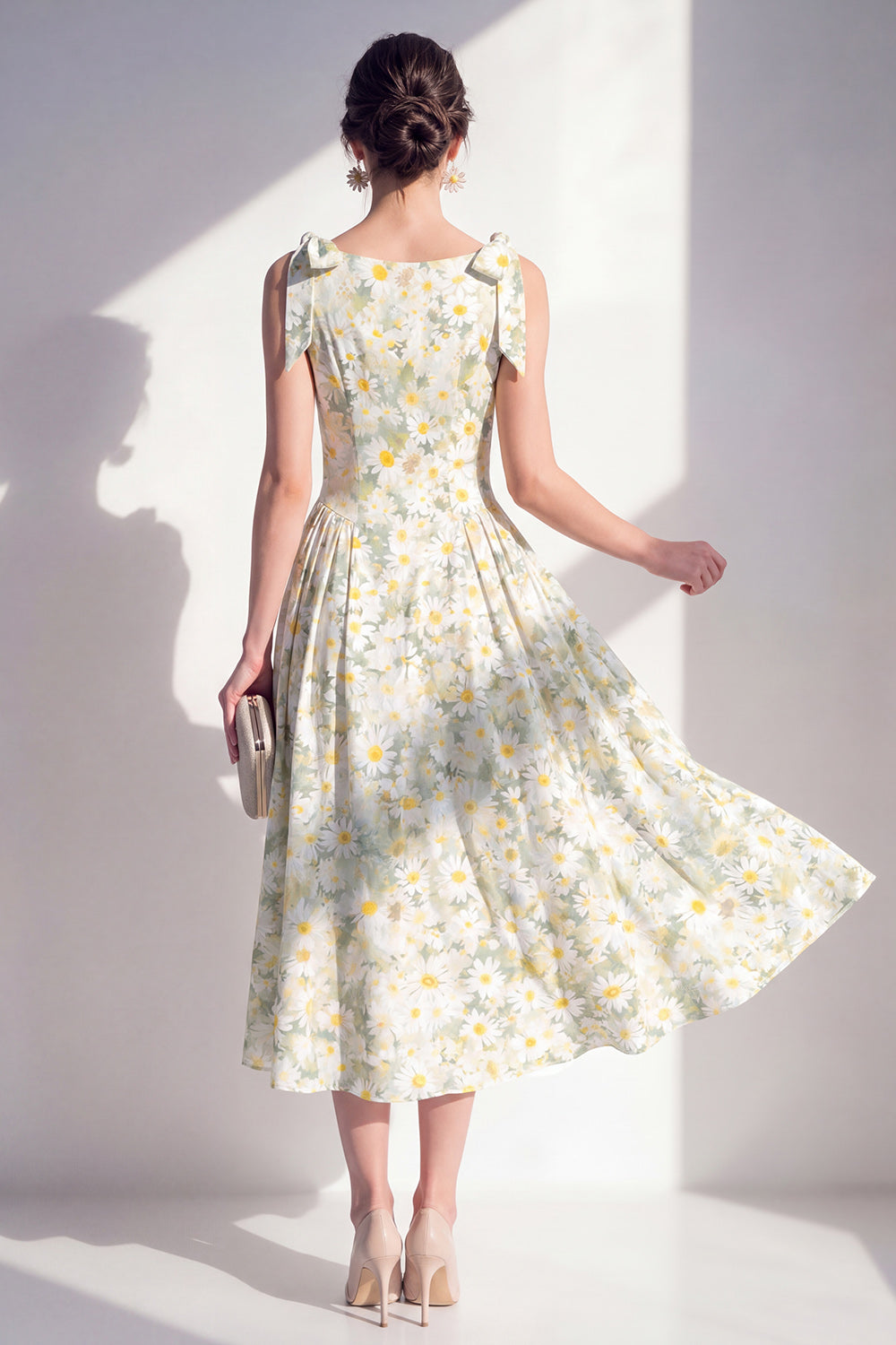 Boat Neck Light Green Floral A Line Maxi Beach Wedding Guest Dress with Bows