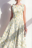 Boat Neck Light Green Floral A Line Maxi Beach Wedding Guest Dress with Bows