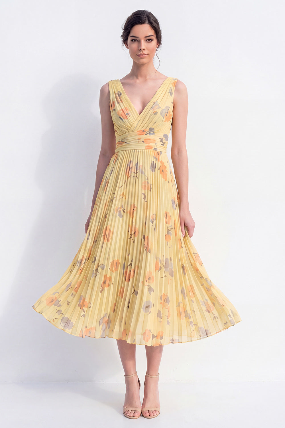 Ruched Butter Yellow Floral A Line Maxi Beach Wedding Guest Dress with Pleats