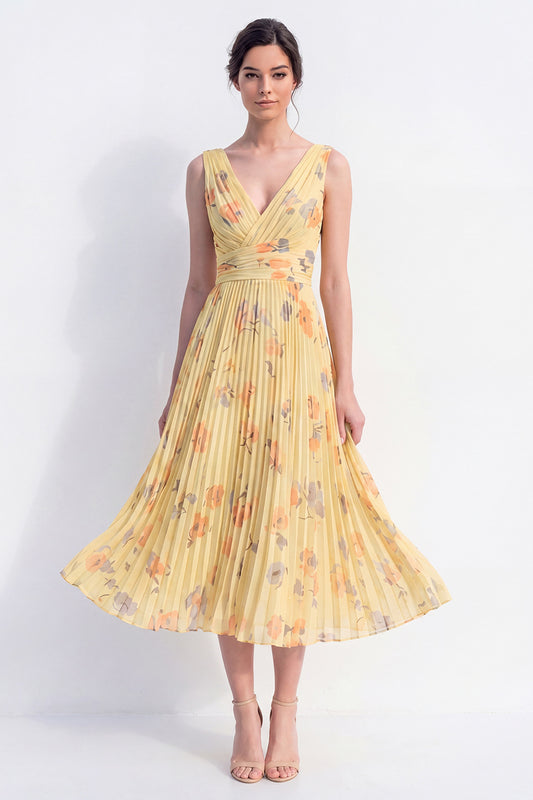 Ruched Butter Yellow Floral A Line Maxi Beach Wedding Guest Dress with Pleats