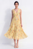 Ruched Butter Yellow Floral A Line Maxi Beach Wedding Guest Dress with Pleats