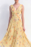 Ruched Butter Yellow Floral A Line Maxi Beach Wedding Guest Dress with Pleats