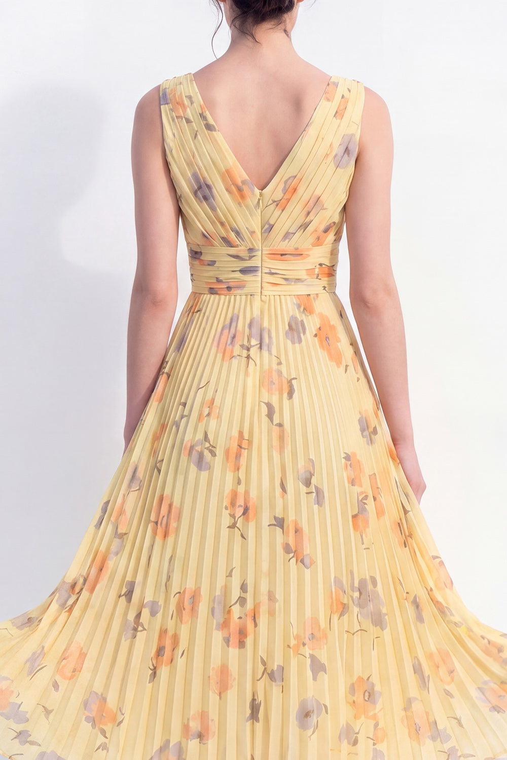 Ruched Butter Yellow Floral A Line Maxi Beach Wedding Guest Dress with Pleats
