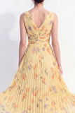 Ruched Butter Yellow Floral A Line Maxi Beach Wedding Guest Dress with Pleats