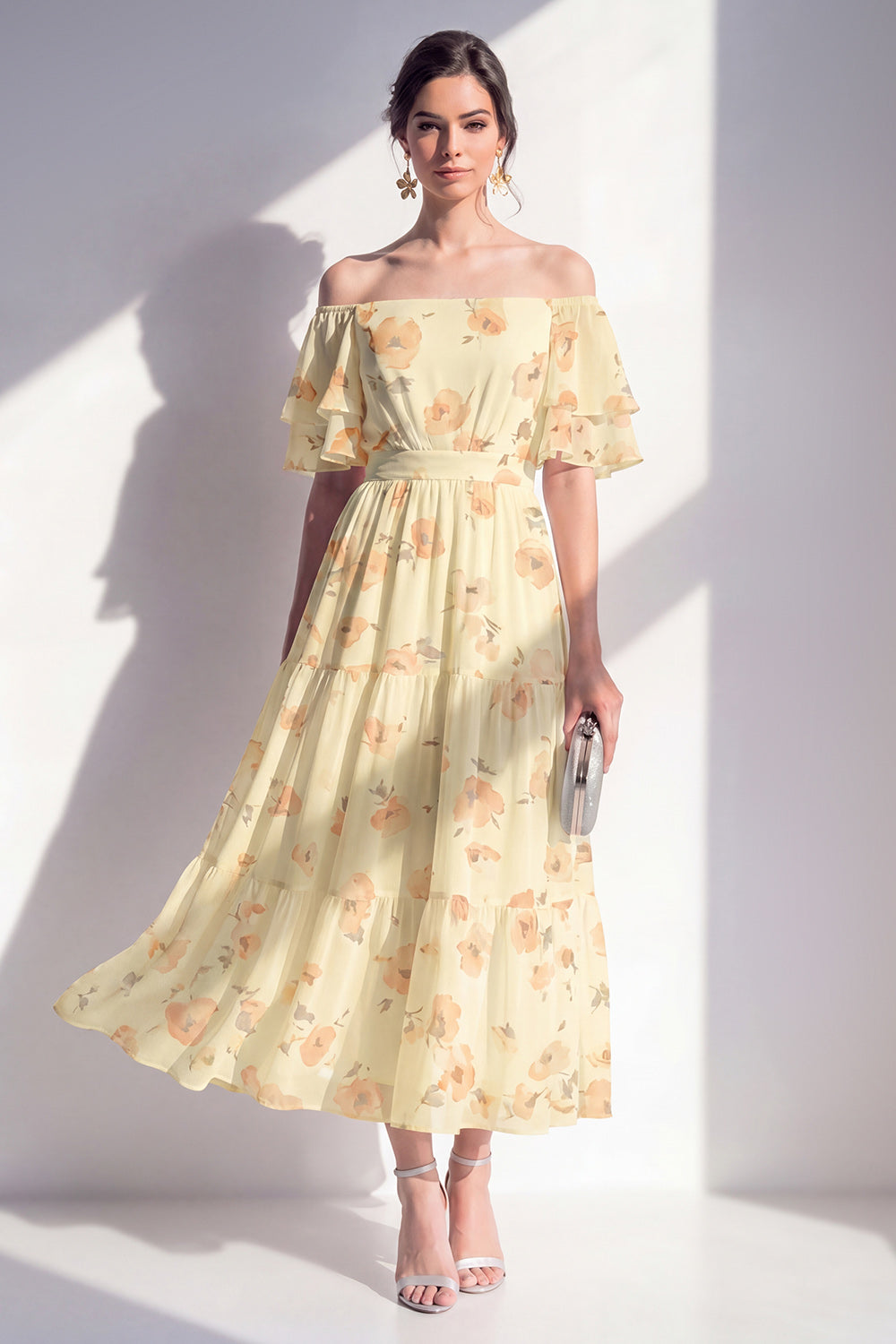 Off the Shoulder Floral Butter Yellow A Line Maxi Beach Wedding Guest Dress
