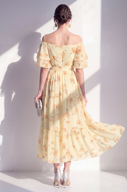 Zapakasa Women Butter Yellow Floral Maxi Beach Wedding Guest Dress A Line  Off the Shoulder Flutter Sleeves Summer Dress