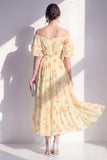 Off the Shoulder Floral Butter Yellow A Line Maxi Beach Wedding Guest Dress