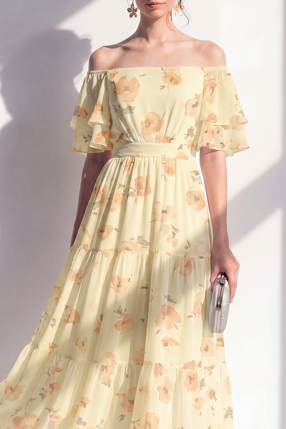 Off the Shoulder Floral Butter Yellow A Line Maxi Beach Wedding Guest Dress