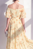 Off the Shoulder Floral Butter Yellow A Line Maxi Beach Wedding Guest Dress