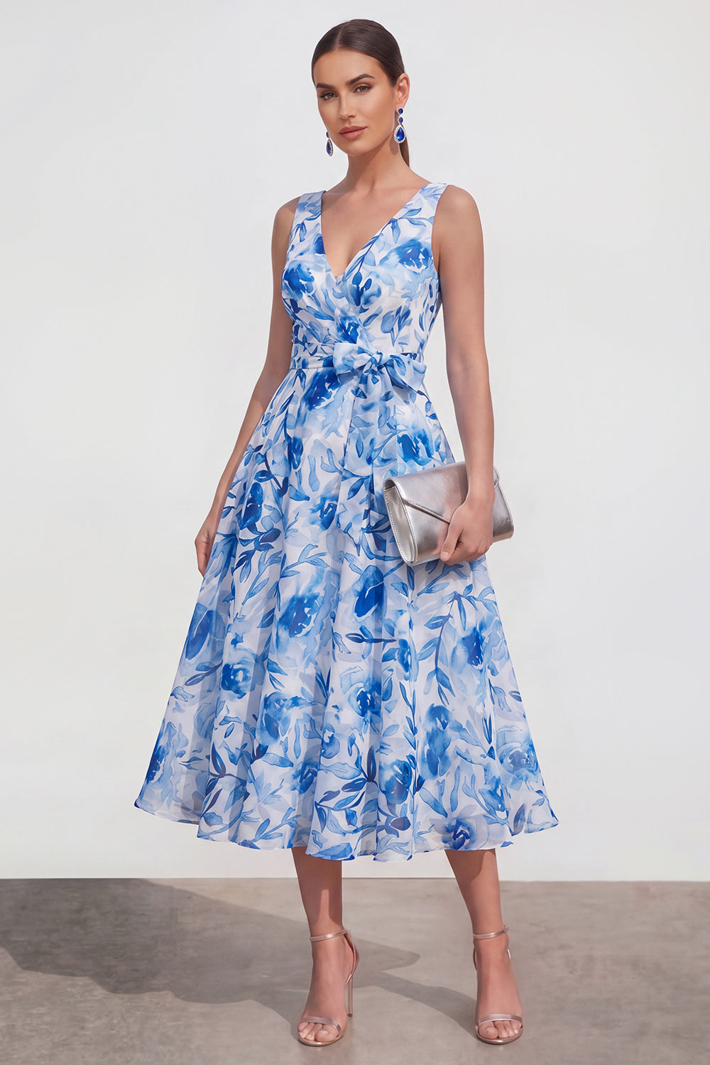 Purple Flower V-Neck A Line Maxi Beach Wedding Guest Dress with Bow
