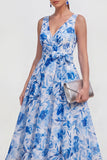 Purple Flower V-Neck A Line Maxi Beach Wedding Guest Dress with Bow