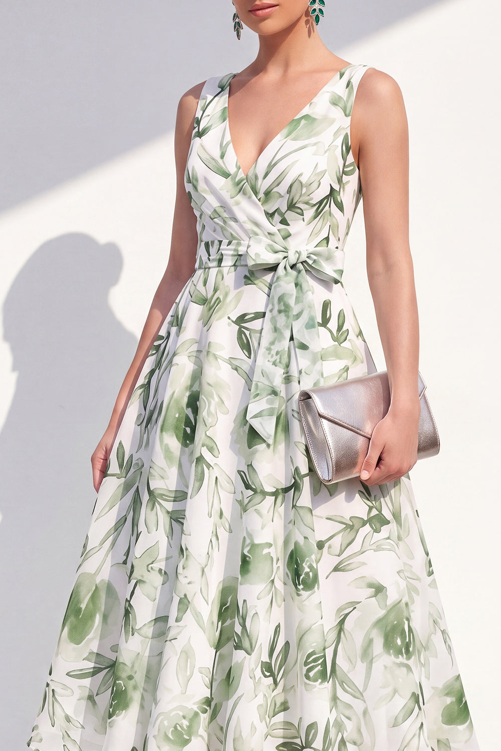 Purple Flower V-Neck A Line Maxi Beach Wedding Guest Dress with Bow