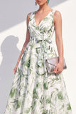 Purple Flower V-Neck A Line Maxi Beach Wedding Guest Dress with Bow