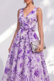 Purple Flower V-Neck A Line Maxi Beach Wedding Guest Dress with Bow